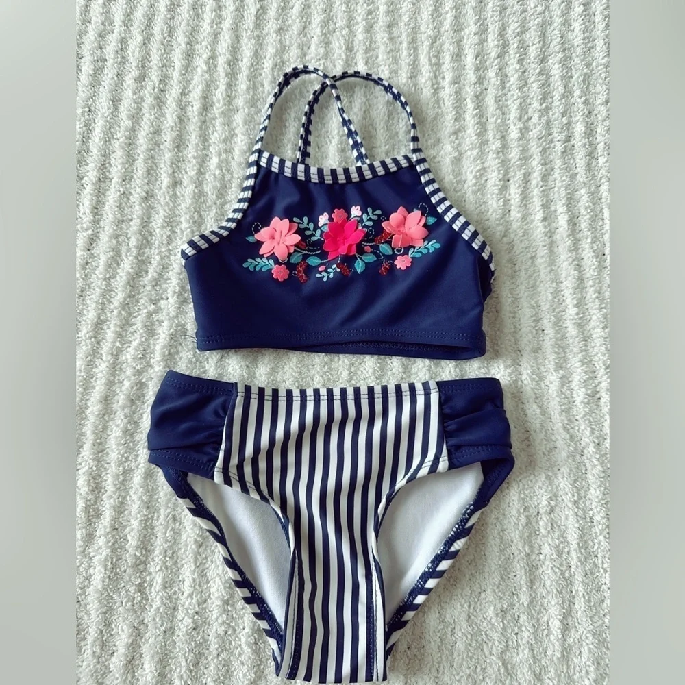Flapdoodles Blue and White Bikini Set with Nautical Stripes
